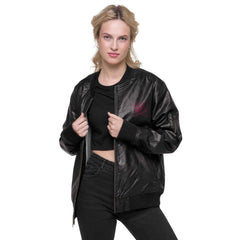 Women’s Leather Bomber - Labrador Hug Line Art Embroidery - Trejaket