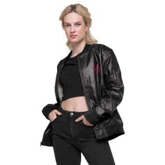 Women’s Leather Bomber - Labrador Hug Line Art Embroidery - Trejaket
