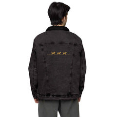 Men’s Sherpa Denim Jacket - 3 Dogs Embroidered Design - Trejaket