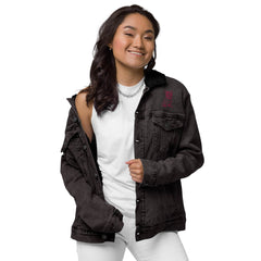 Women’s Sherpa Denim Jacket - Frenchie with Bow Design - Trejaket