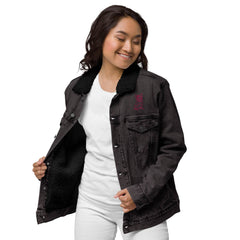 Women’s Sherpa Denim Jacket - Frenchie with Bow Design - Trejaket