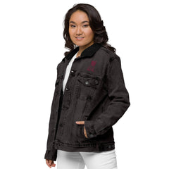 Women’s Sherpa Denim Jacket - Frenchie with Bow Design - Trejaket