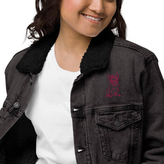 Women’s Sherpa Denim Jacket - Frenchie with Bow Design - Trejaket