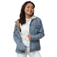 Women’s Sherpa Denim Jacket - Frenchie with Bow Design - Trejaket