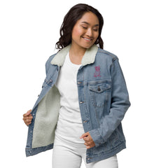 Women’s Sherpa Denim Jacket - Frenchie with Bow Design - Trejaket
