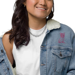 Women’s Sherpa Denim Jacket - Frenchie with Bow Design - Trejaket