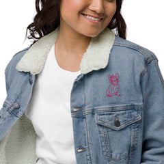 Women’s Sherpa Denim Jacket - Frenchie with Bow Design - Trejaket